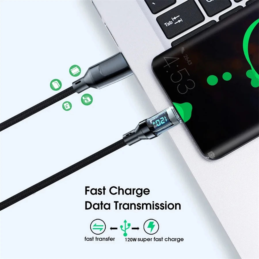 Câble de Charge Super Rapide 120W Type-C vers Type-C – Affichage LED, Transfert de Données USB-C