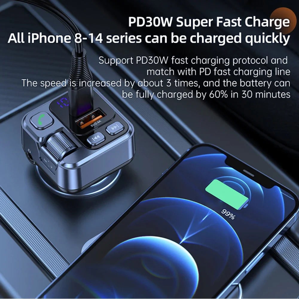 Transmetteur FM Bluetooth 5.1 pour Voiture – Lecteur MP3 Stéréo, Kit Mains Libres avec Port Aux 3,5mm & Charge Rapide USB-C 30W