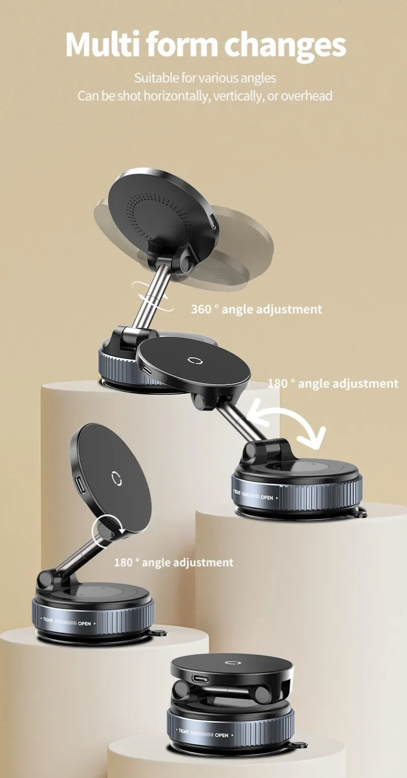 Super Strong Magnetic Car Wireless Charger Phone Holder 360° Rotation Vacuum Suction Cup For iPhone 12-16 Series Fast Charging