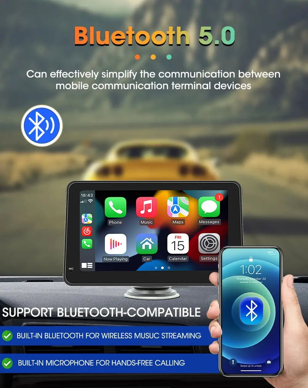 Autoradio Multimédia Écran Tactile 7’’ IPS – CarPlay & Android Auto, GPS, WiFi & Caméra de Recul