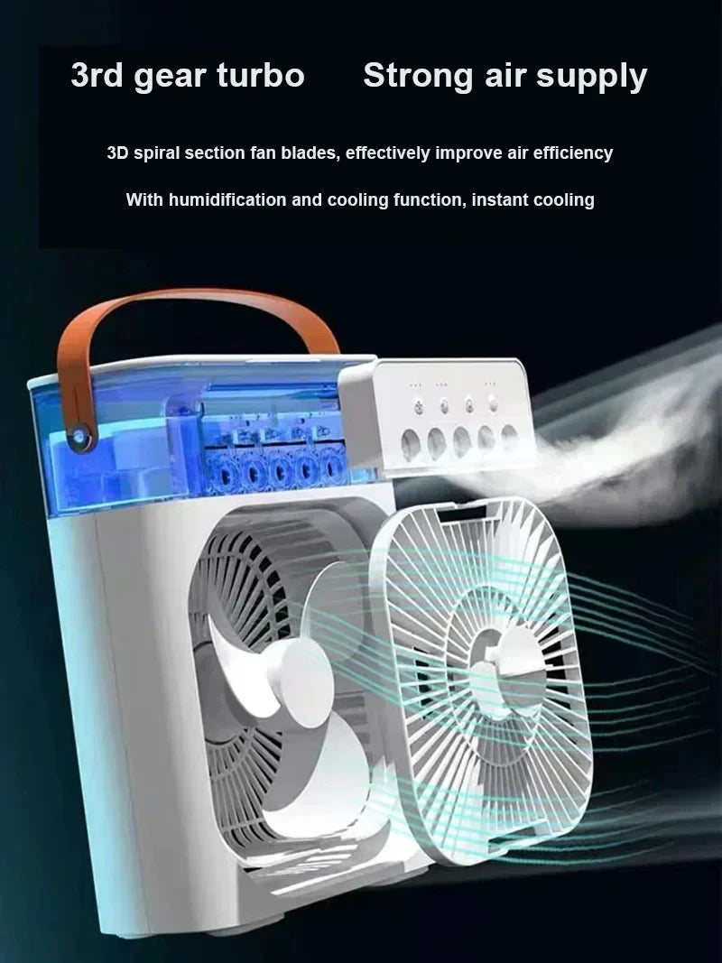 Mini Climatiseur 3-en-1 – Ventilateur, Rafraîchisseur d’Air & Humidificateur avec Veilleuse LED, Portable pour Maison & Bureau