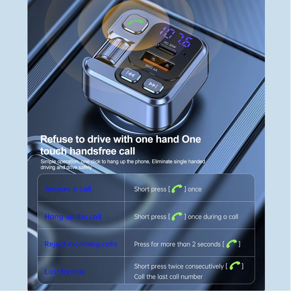 Transmetteur FM Bluetooth 5.1 pour Voiture – Lecteur MP3 Stéréo, Kit Mains Libres avec Port Aux 3,5mm & Charge Rapide USB-C 30W