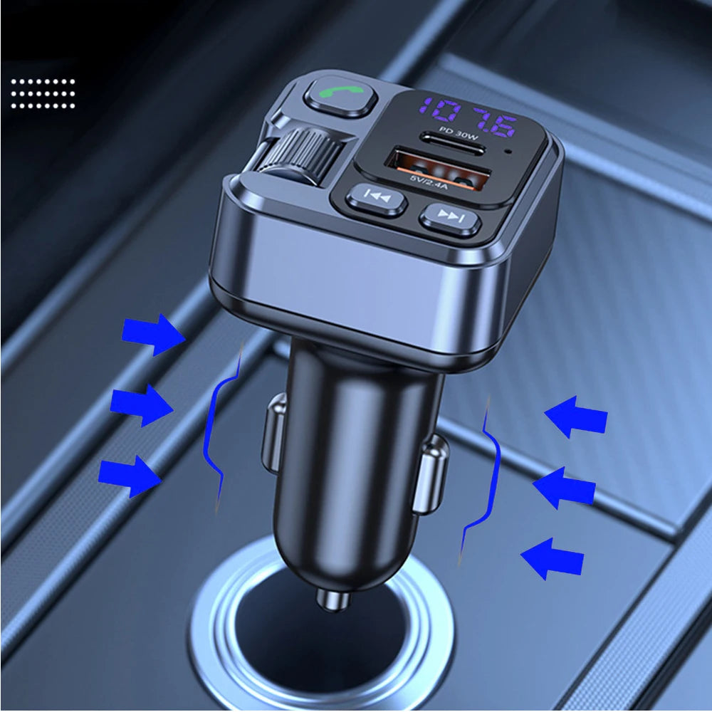 Transmetteur FM Bluetooth 5.1 pour Voiture – Lecteur MP3 Stéréo, Kit Mains Libres avec Port Aux 3,5mm & Charge Rapide USB-C 30W