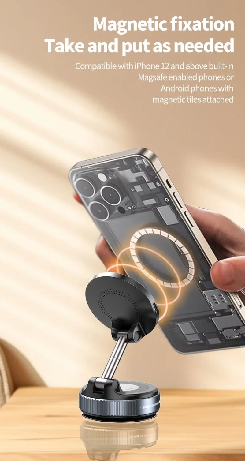 Super Strong Magnetic Car Wireless Charger Phone Holder 360° Rotation Vacuum Suction Cup For iPhone 12-16 Series Fast Charging