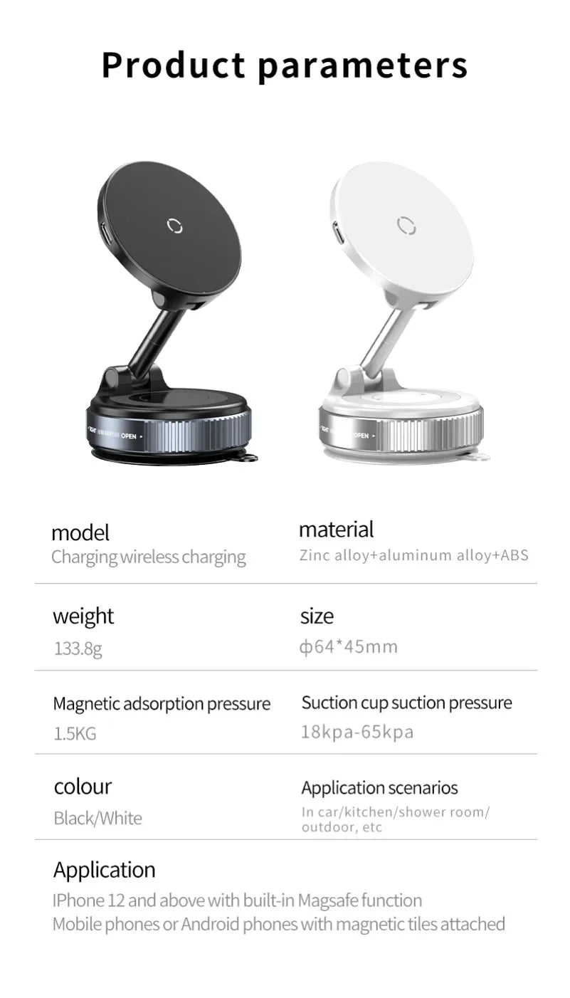 Super Strong Magnetic Car Wireless Charger Phone Holder 360° Rotation Vacuum Suction Cup For iPhone 12-16 Series Fast Charging