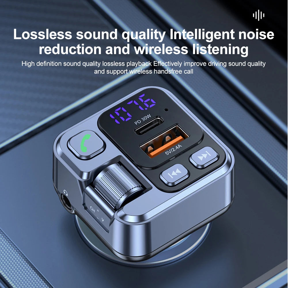 Transmetteur FM Bluetooth 5.1 pour Voiture – Lecteur MP3 Stéréo, Kit Mains Libres avec Port Aux 3,5mm & Charge Rapide USB-C 30W