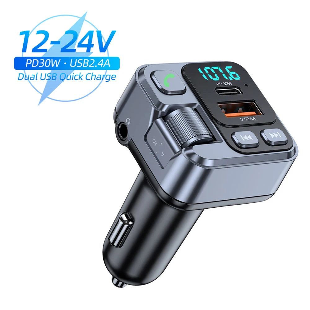 Transmetteur FM Bluetooth 5.1 pour Voiture – Lecteur MP3 Stéréo, Kit Mains Libres avec Port Aux 3,5mm & Charge Rapide USB-C 30W