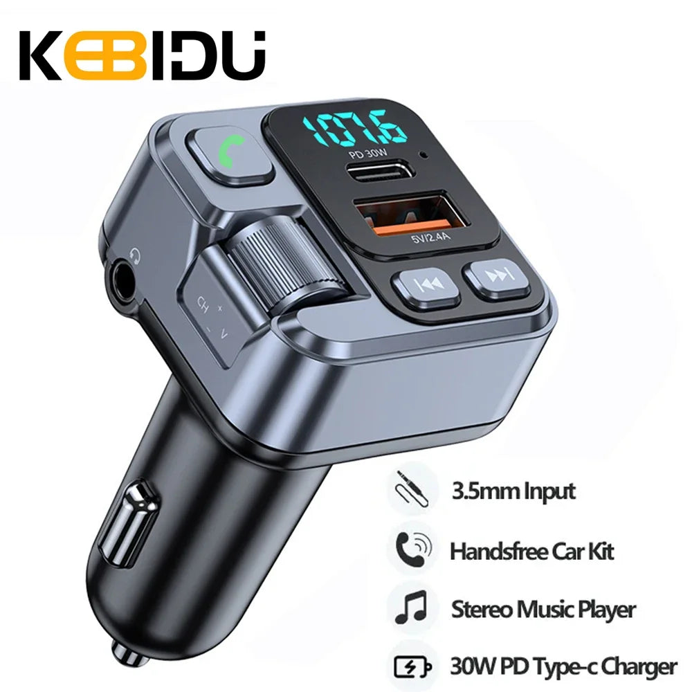 Transmetteur FM Bluetooth 5.1 pour Voiture – Lecteur MP3 Stéréo, Kit Mains Libres avec Port Aux 3,5mm & Charge Rapide USB-C 30W