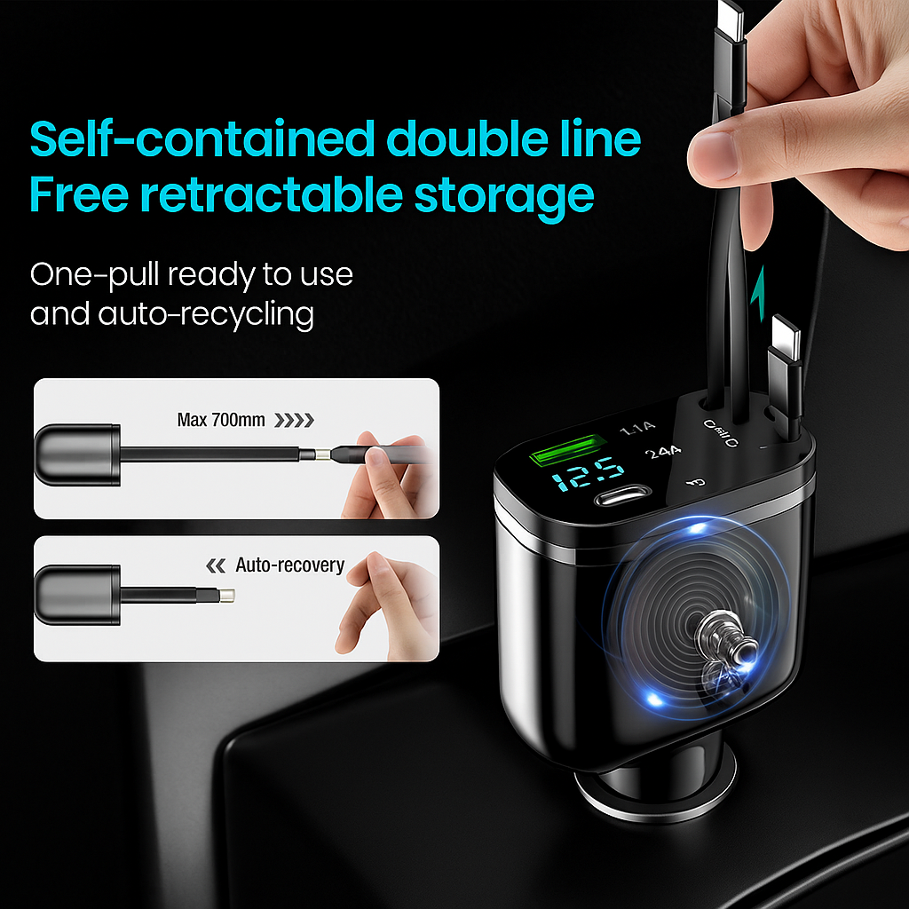 Chargeur voiture Elough 5-en-1 – Câble rétractable USB-C vers Lightning, double port Type-C – Adaptateur compatible iPhone et autres smartphones