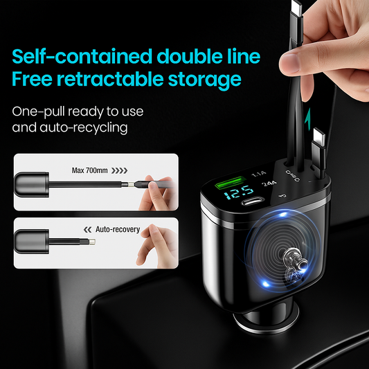 Chargeur voiture Elough 5-en-1 – Câble rétractable USB-C vers Lightning, double port Type-C – Adaptateur compatible iPhone et autres smartphones