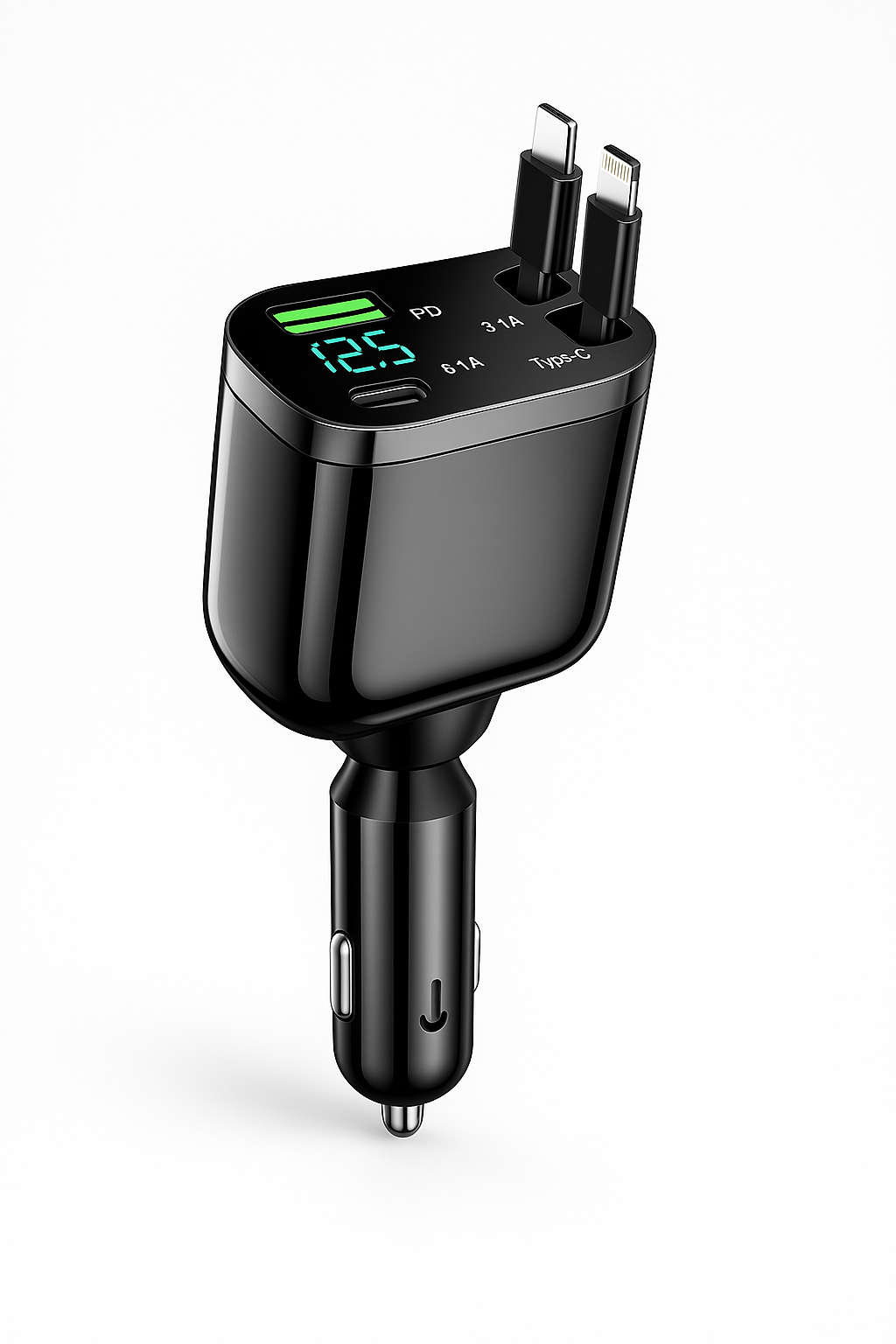 Chargeur voiture Elough 5-en-1 – Câble rétractable USB-C vers Lightning, double port Type-C – Adaptateur compatible iPhone et autres smartphones