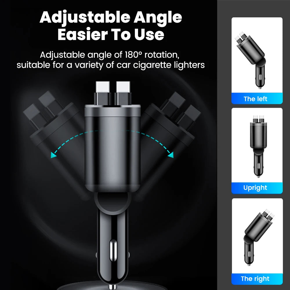 Chargeur voiture Elough 5-en-1 – Câble rétractable USB-C vers Lightning, double port Type-C – Adaptateur compatible iPhone et autres smartphones