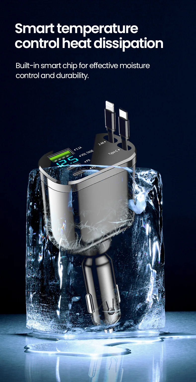 Chargeur voiture Elough 5-en-1 – Câble rétractable USB-C vers Lightning, double port Type-C – Adaptateur compatible iPhone et autres smartphones