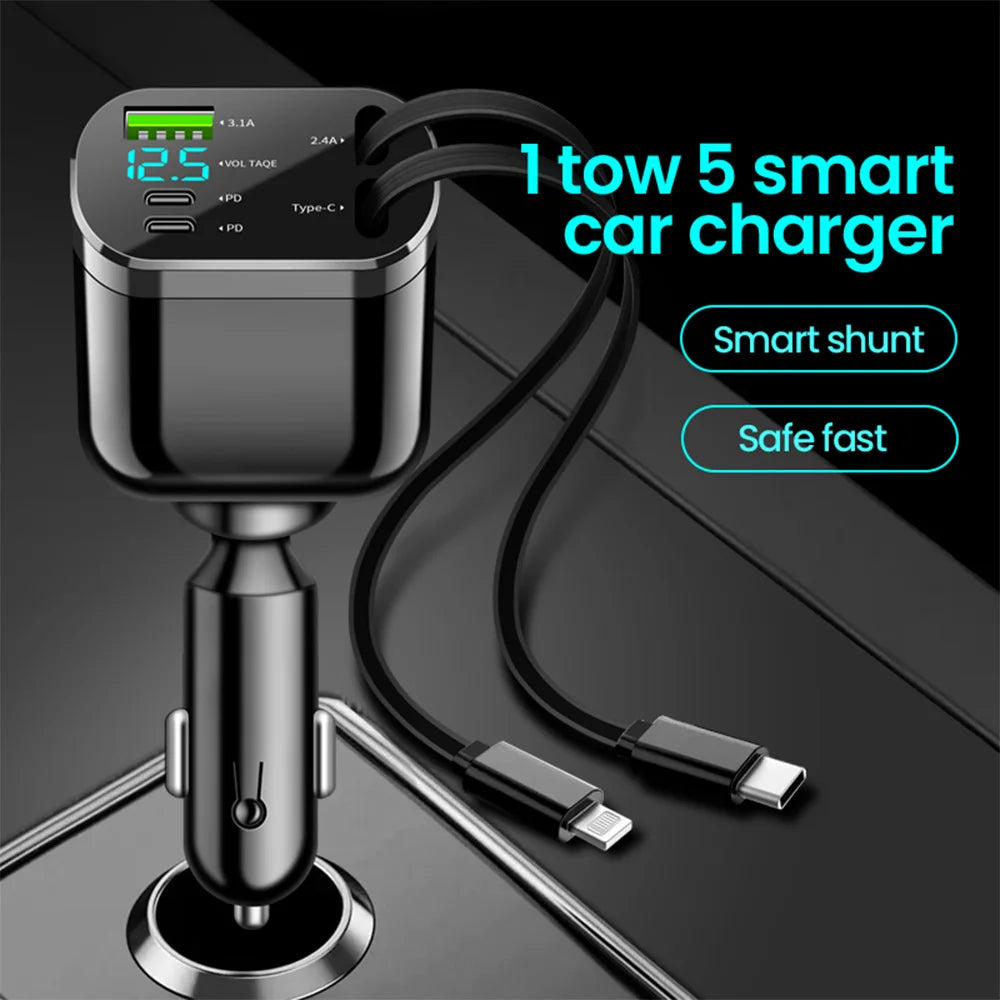 Chargeur voiture Elough 5-en-1 – Câble rétractable USB-C vers Lightning, double port Type-C – Adaptateur compatible iPhone et autres smartphones