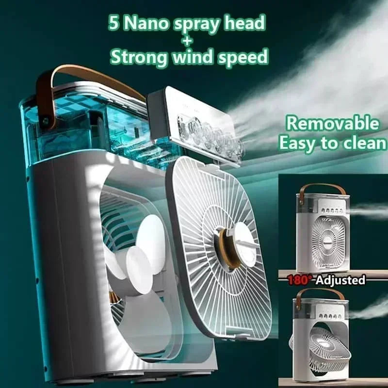 Mini Climatiseur 3-en-1 – Ventilateur, Rafraîchisseur d’Air & Humidificateur avec Veilleuse LED, Portable pour Maison & Bureau
