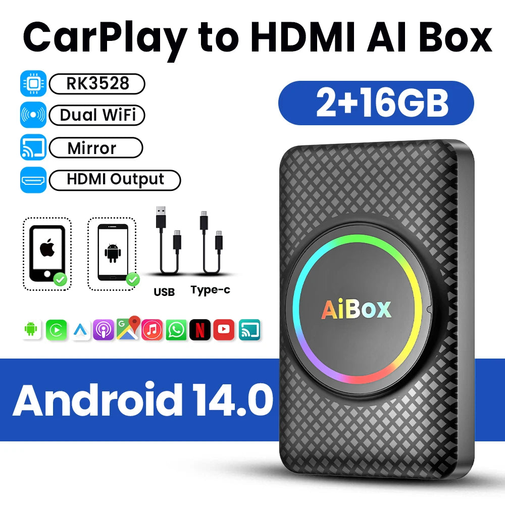 Android 14 HDMI TV Box Carplay Wireless Android Auto Smart Ai Box RK3528 For Netflix Youtube For OEM Car CarPlay/Android Auto