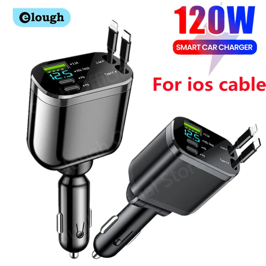 Chargeur voiture Elough 5-en-1 – Câble rétractable USB-C vers Lightning, double port Type-C – Adaptateur compatible iPhone et autres smartphones