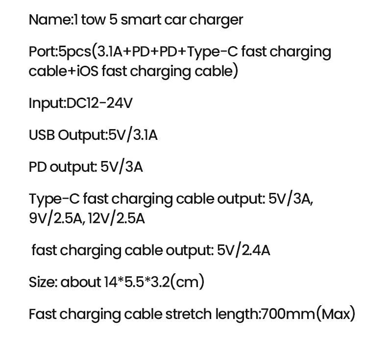 Chargeur voiture Elough 5-en-1 – Câble rétractable USB-C vers Lightning, double port Type-C – Adaptateur compatible iPhone et autres smartphones
