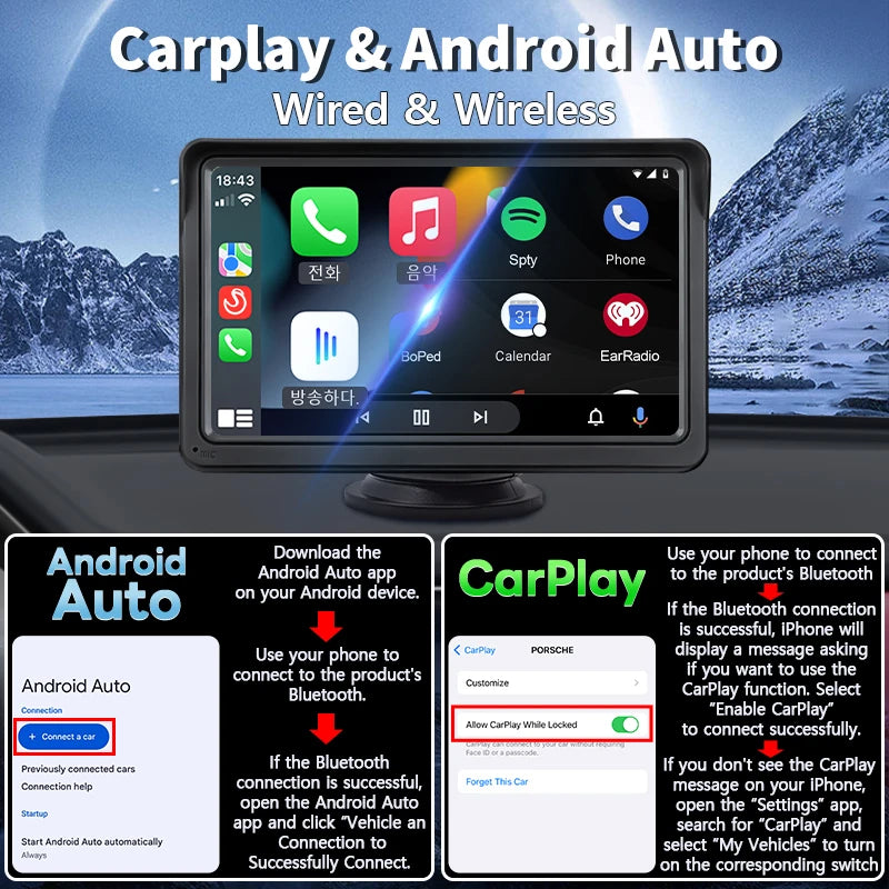 Autoradio Multimédia 7’’ Écran Tactile – CarPlay & Android Auto Sans Fil, Portable & Universel