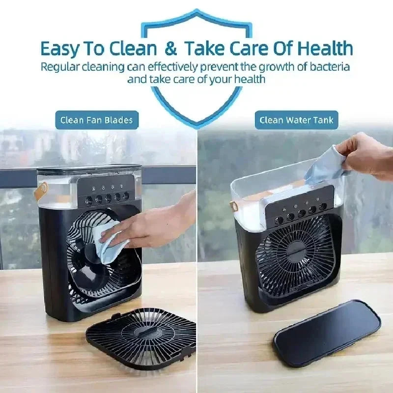 Mini Climatiseur 3-en-1 – Ventilateur, Rafraîchisseur d’Air & Humidificateur avec Veilleuse LED, Portable pour Maison & Bureau