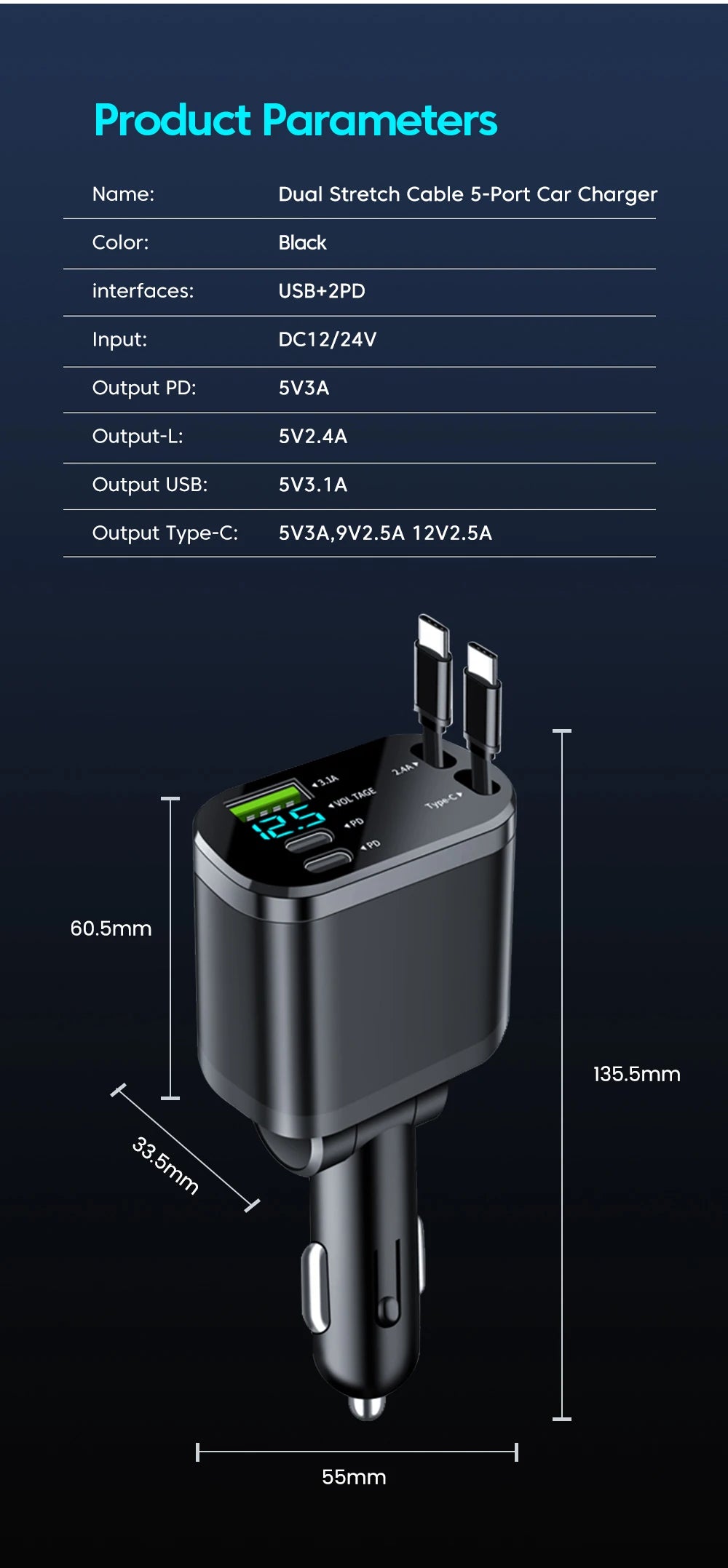 Chargeur voiture Elough 5-en-1 – Câble rétractable USB-C vers Lightning, double port Type-C – Adaptateur compatible iPhone et autres smartphones