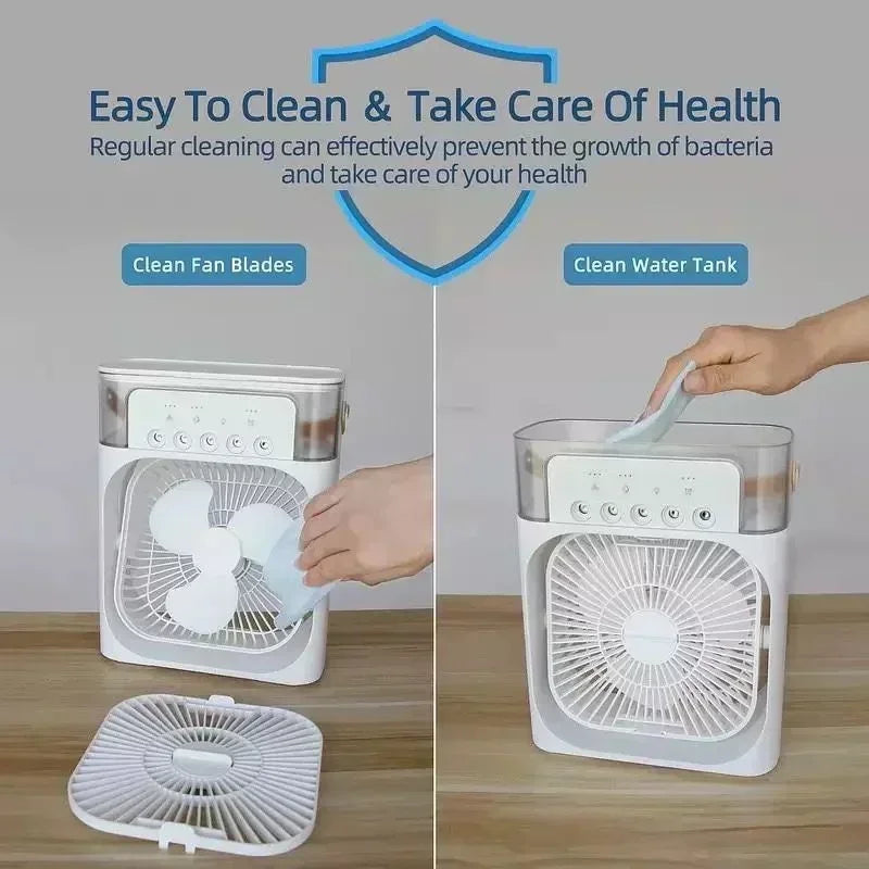 Mini Climatiseur 3-en-1 – Ventilateur, Rafraîchisseur d’Air & Humidificateur avec Veilleuse LED, Portable pour Maison & Bureau