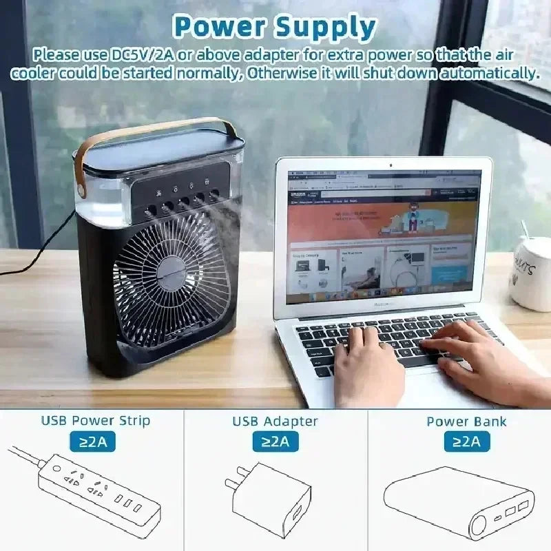 Mini Climatiseur 3-en-1 – Ventilateur, Rafraîchisseur d’Air & Humidificateur avec Veilleuse LED, Portable pour Maison & Bureau