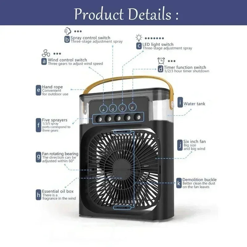 Mini Climatiseur 3-en-1 – Ventilateur, Rafraîchisseur d’Air & Humidificateur avec Veilleuse LED, Portable pour Maison & Bureau