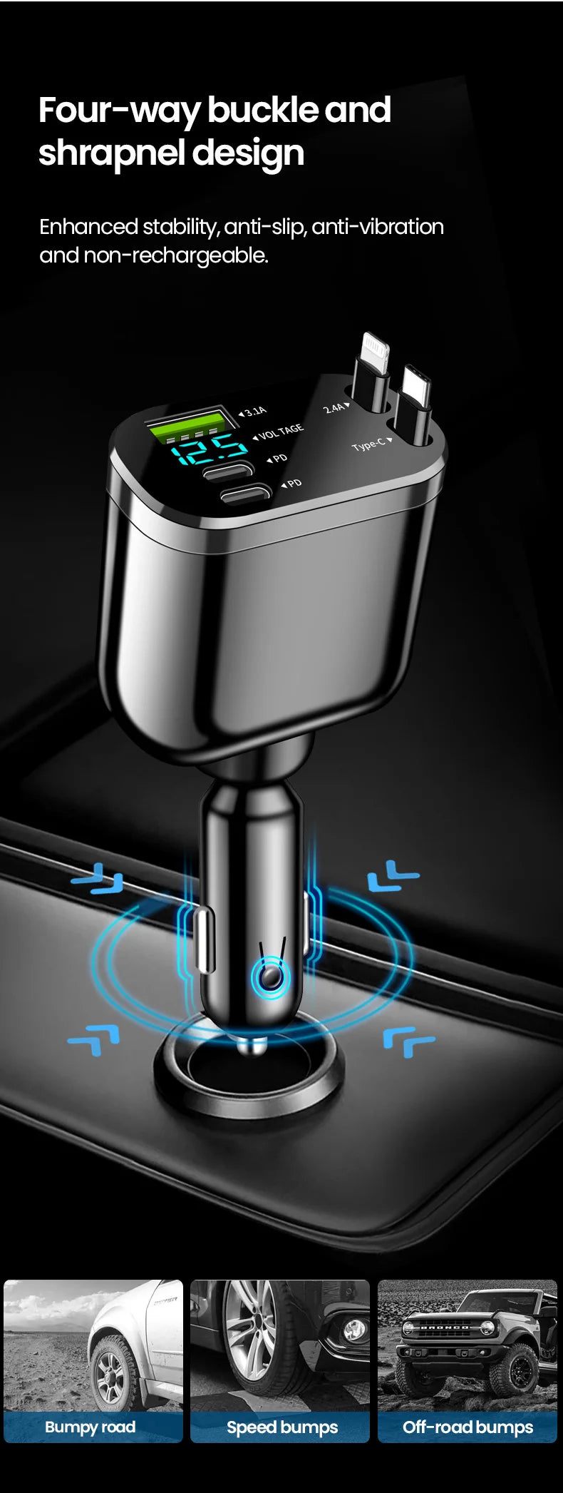 Chargeur voiture Elough 5-en-1 – Câble rétractable USB-C vers Lightning, double port Type-C – Adaptateur compatible iPhone et autres smartphones