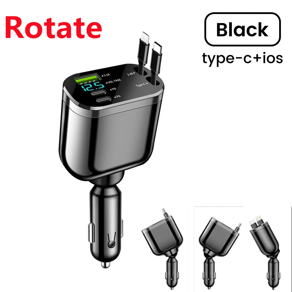 Chargeur voiture Elough 5-en-1 – Câble rétractable USB-C vers Lightning, double port Type-C – Adaptateur compatible iPhone et autres smartphones