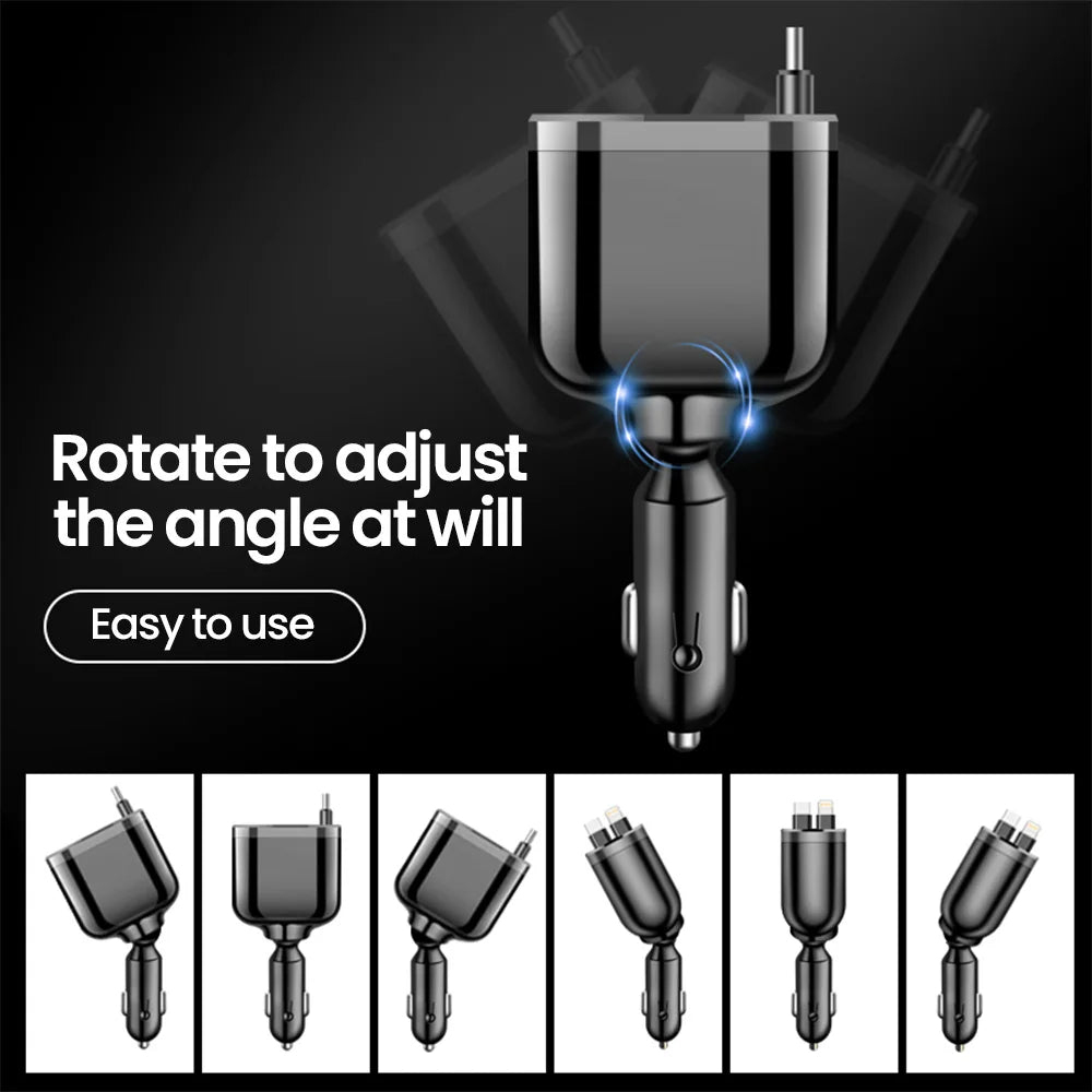 Chargeur voiture Elough 5-en-1 – Câble rétractable USB-C vers Lightning, double port Type-C – Adaptateur compatible iPhone et autres smartphones