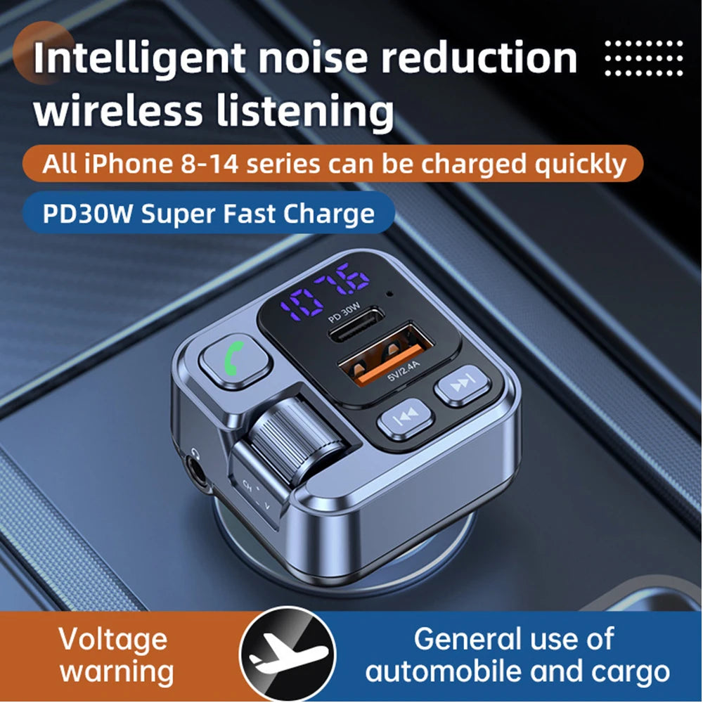 Transmetteur FM Bluetooth 5.1 pour Voiture – Lecteur MP3 Stéréo, Kit Mains Libres avec Port Aux 3,5mm & Charge Rapide USB-C 30W