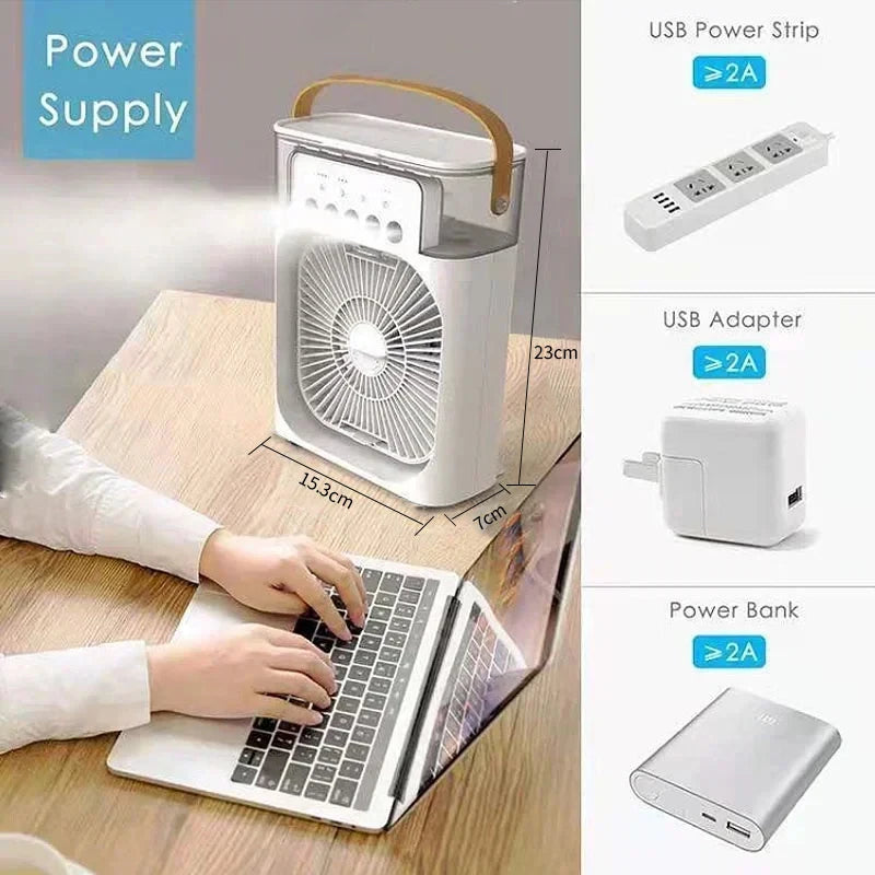 Mini Climatiseur 3-en-1 – Ventilateur, Rafraîchisseur d’Air & Humidificateur avec Veilleuse LED, Portable pour Maison & Bureau
