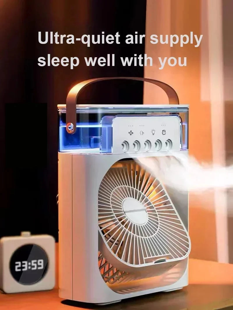 Mini Climatiseur 3-en-1 – Ventilateur, Rafraîchisseur d’Air & Humidificateur avec Veilleuse LED, Portable pour Maison & Bureau